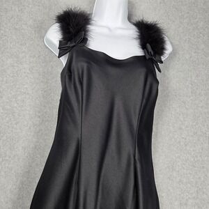 Vintage‎ Niki Livas Women 12 Maxi Satin Gown Dress 90s Feather Bow Black Elegant
